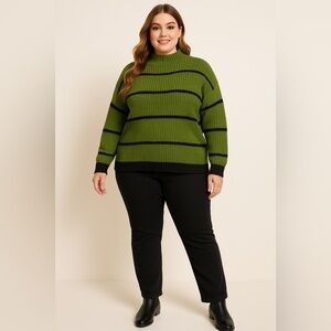 SHEIN Olive and Black Striped Turtleneck Sweater